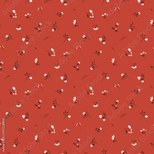 Ditsy floral seamless pattern. Small little flower pattern on red background. Repeat pattern. Ditsy print. Liberty style. Botanic surface design. Ditsy floral for fashion, texture, fabric, wrapping