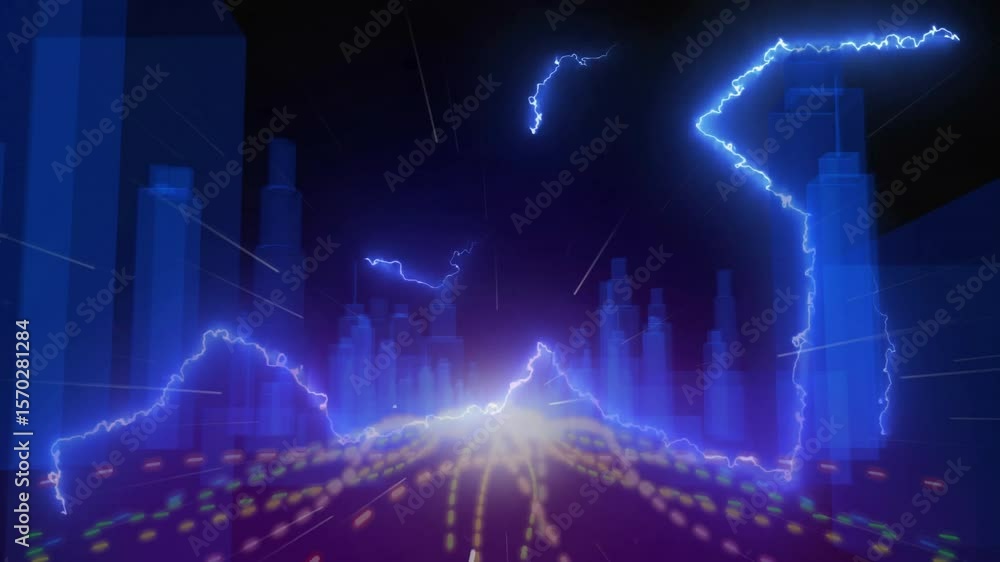 Electric-blue lightning arc snaking from top lighting pillars showing market icons on purple grid Electric-blue lightning arc snaking from top lighting pillars showing market icons on purple grid