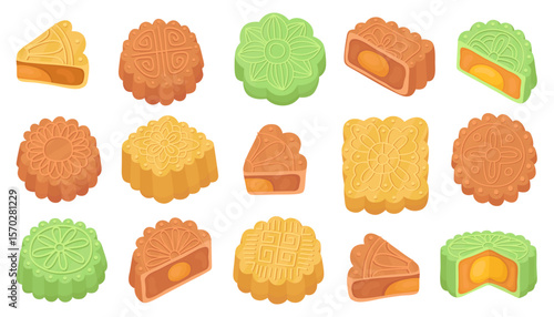 Collection of mooncakes of different shapes and colors. Traditional Asian cakes for the Mid-Autumn Festival. Round, square and half mooncakes, sweet cakes with egg filling.
