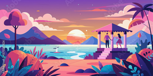 Vibrant, romantic illustration of a couple on a beach gazebo at sunset, with a colorful sky, mountains, and lush foreground foliage, ideal for travel or romance themes