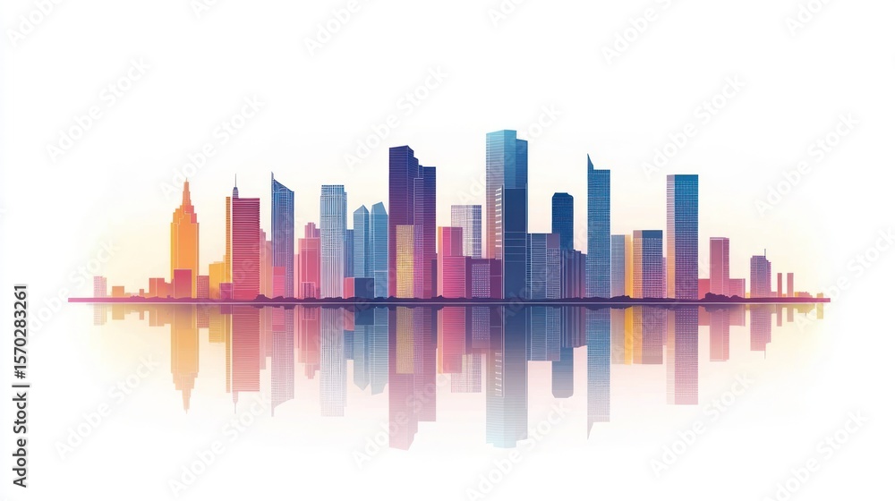 Obraz premium Colorful City Skyline Reflection; urban landscape, vibrant; illustration