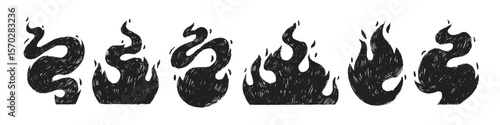 Crayon drawn black fire flames icons collection. Hand drawn funky doodle flame stickers or tattoo. Punk and rock style symbols. Vector scribble illustration. Naive bonfire sketch, energy symbols.