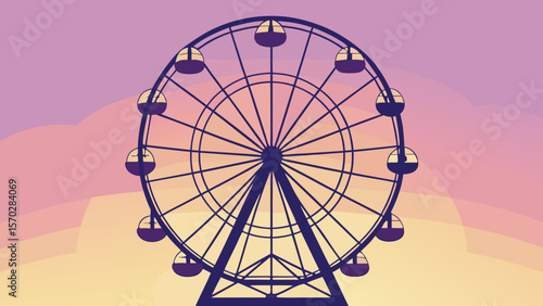 Stylized illustration of a large Ferris wheel silhouetted against a beautiful sunset sky with gradient pink and orange hues, evoking a serene amusement park vibe