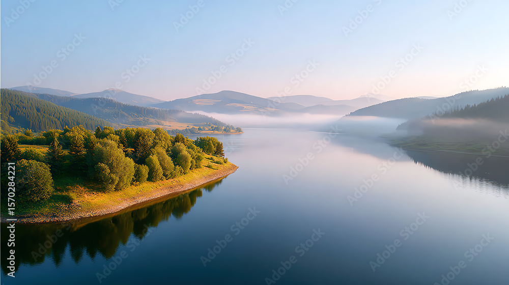 Obraz premium A serene landscape featuring a tranquil lake surrounded by lush forests and misty mountains under a clear blue sky.