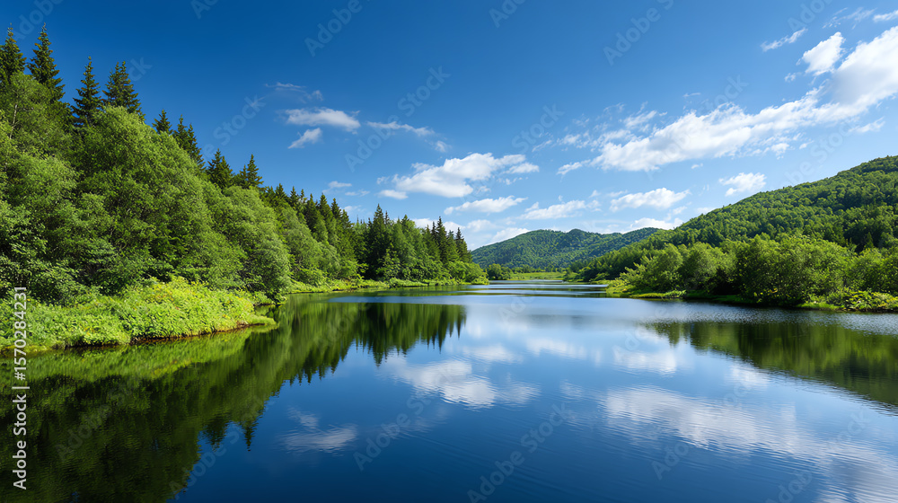 A serene lake surrounded by lush green trees under a clear blue sky, reflecting nature's beauty and tranquility. A serene lake surrounded by lush green trees under a clear blue sky, reflecting nature's beauty and tranquility.