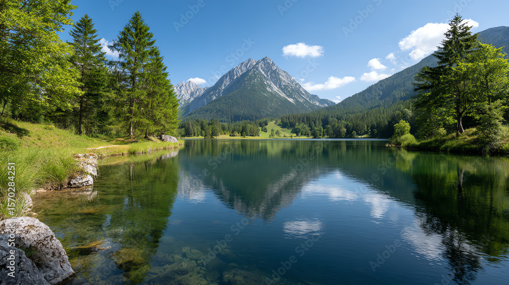 A serene mountain landscape featuring a clear lake reflecting majestic peaks and lush green trees under a vibrant blue sky. A serene mountain landscape featuring a clear lake reflecting majestic peaks and lush green trees under a vibrant blue sky.