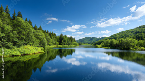 A serene lake surrounded by lush green trees under a clear blue sky, reflecting nature's beauty and tranquility.