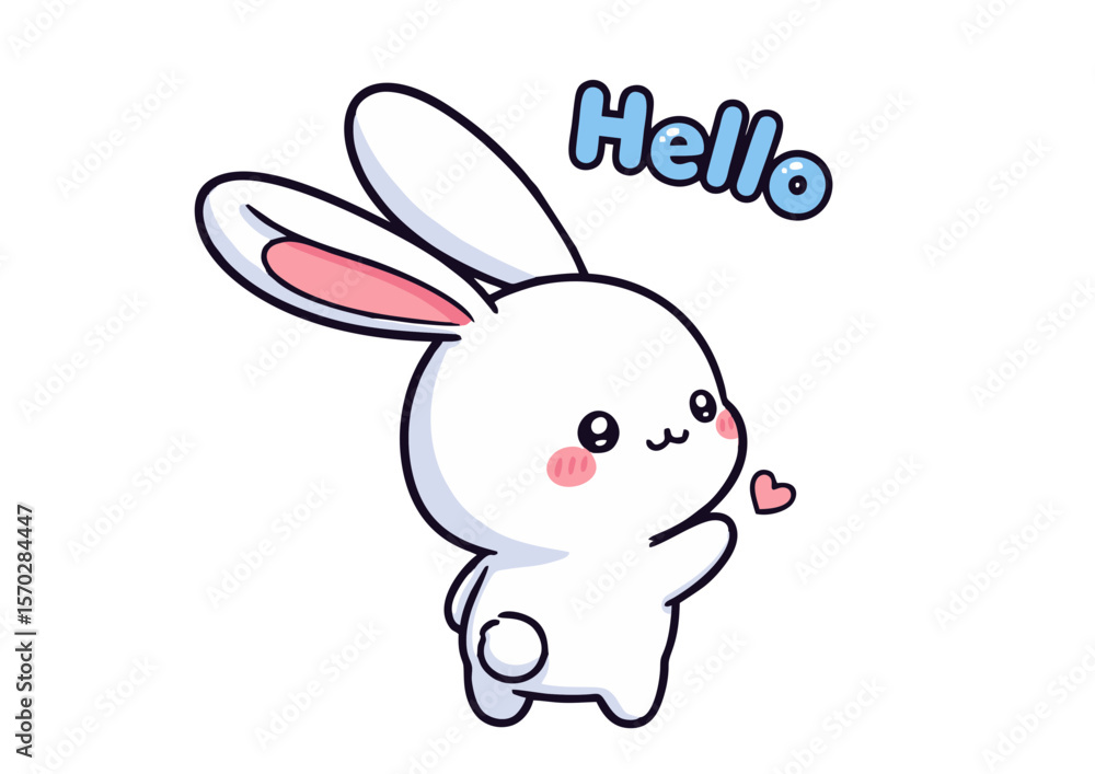 Obraz premium Adorable White Bunny Rabbit Cartoon Character Saying Hello Pink Cheeks Cute Pose.