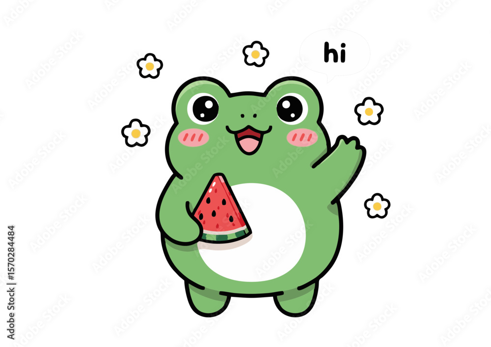 Obraz premium Adorable Green Frog Holding Watermelon Slice Kawaii Style.