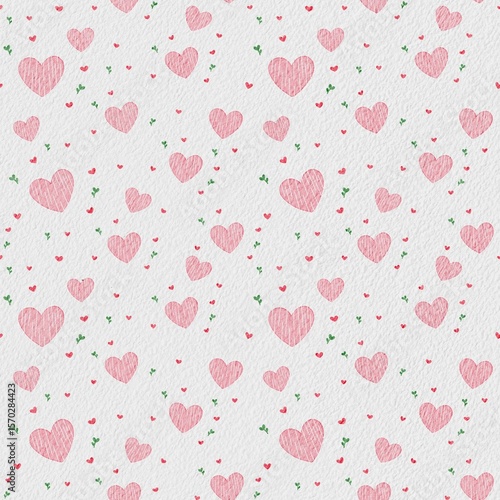 Seamless Watercolor Heart Pattern – Pink Romantic Hearts and Leaves on White Textured Background