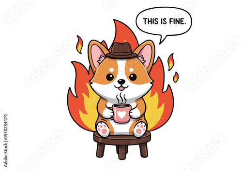 Cute Corgi in a Hat Sitting in Flames Drinking Coffee This is Fine.