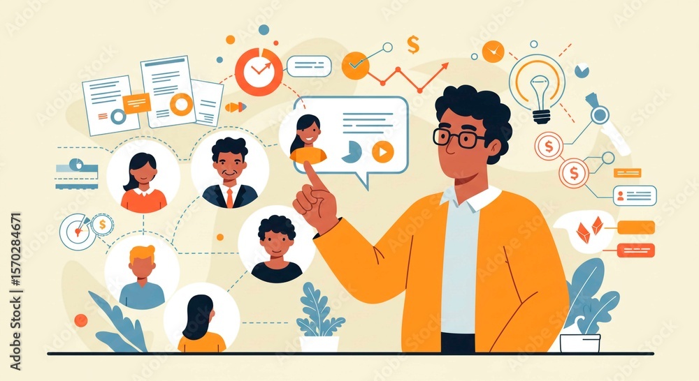 Illustration of man pointing at network of people and business elements Illustration of man pointing at network of people and business elements