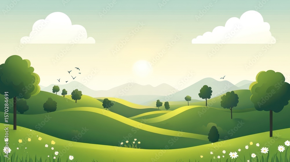 Fototapeta premium Springtime hills, lush landscape, sunrise, peaceful background. Possible use nature, travel, vacation