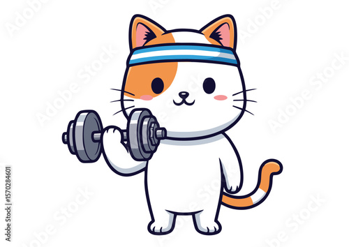 Adorable Orange and White Cat Lifting Dumbbells Fitness Cartoon Character.