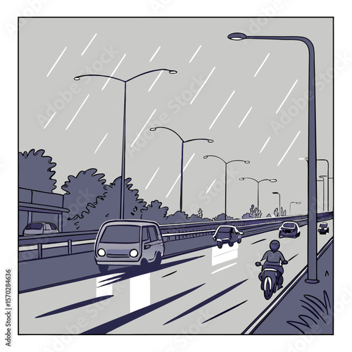 Illustration of a rainy highway with cars, a van, a motorcycle, and street lights under a gray sky
