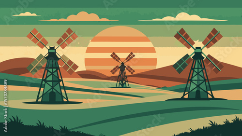 Stylized illustration of windmills in a serene, rolling landscape with green fields and distant hills under a warm, striped sunset/sunrise sky.