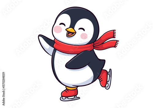 Cartoon Penguin Ice Skating with Red Scarf and Skates Illustration.
