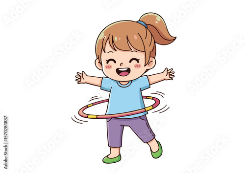 Cartoon Girl Playing Hula Hoop with Arms Outstretched Smiling Happily.