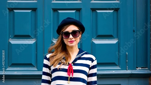 Stylish Woman in Breton Stripe Shirt and Beret Posing Against Teal Door