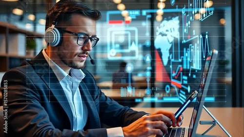 Focused Businessman Working on Laptop and Smartphone in Modern Office Setting