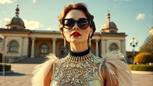 Elegant Woman in Luxurious Attire at Palace