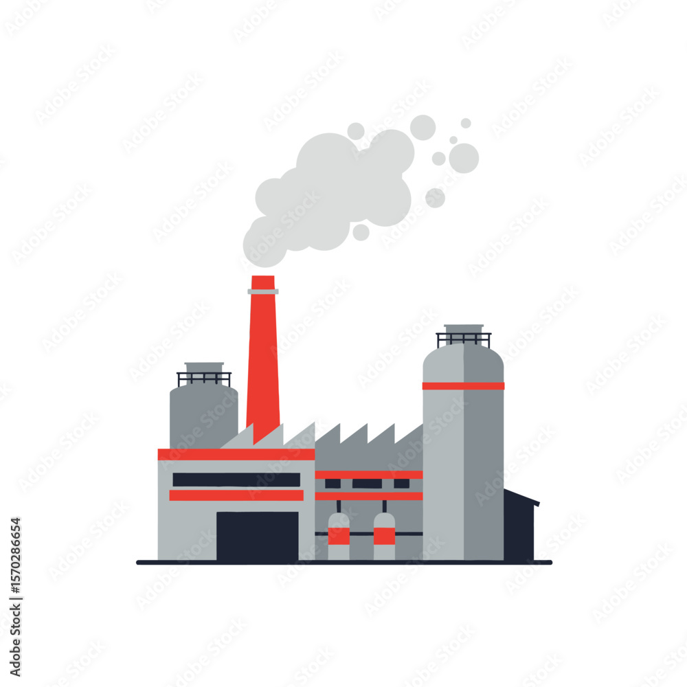 Obraz premium Factory Vector Illustration, Industrial Buildings with Smoke Stack