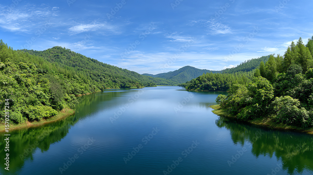 Naklejka premium Serene landscape featuring a tranquil lake surrounded by lush greenery and rolling hills under a bright blue sky.