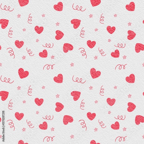 Seamless Watercolor Heart Pattern – Red Romantic Hearts and Flowers on White Textured Background