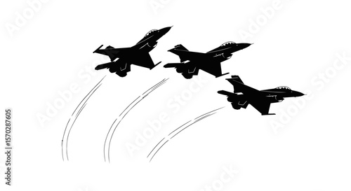 Three Black Fighter Jets Ascending with Vapor Trails in Formation Silhouette