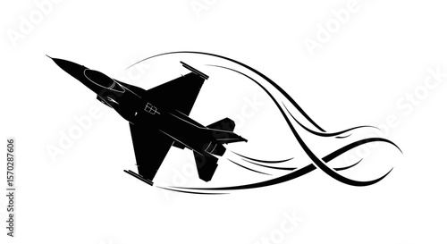 Black Silhouette of a Fighter Jet with Abstract Smoke Trails Ascending Upward
