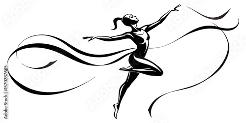 A graceful silhouette of a rhythmic gymnast in mid-performance, with long, flowing ribbons swirling elegantly around her, capturing motion and artistry.