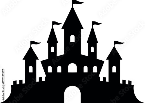 Black silhouette of a fairytale castle with multiple towers and flags on a white background