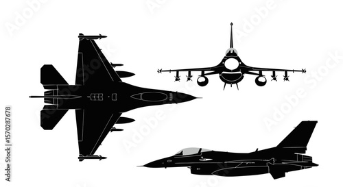 F-16 Fighting Falcon Jet Silhouette Views: Top, Front, and Side Profiles