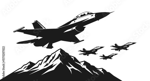 Black Silhouette of Fighter Jets Flying Over Mountain Peaks in Formation