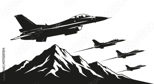 Sleek Black Fighter Jet in Flight Over Mountains