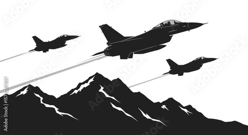 Vector Illustration of Three Fighter Jets Flying in Formation with Contrails