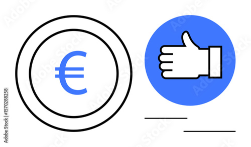 Euro coin outline with a blue thumbs-up icon, combining finance, approval, and trust concepts. Ideal for economics, endorsement, trust-building, business growth, customer satisfaction online