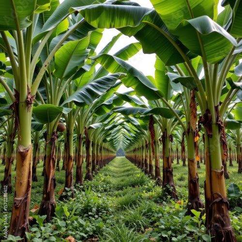 the image captures a plantation of tall fruit bearing plants, organized in neat rows that recede into the distance