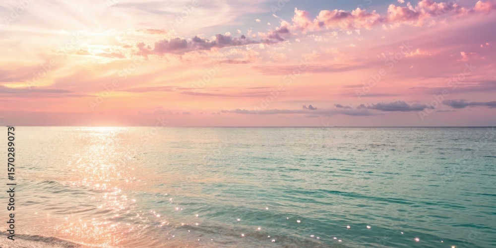 Fototapeta premium Serene ocean horizon at sunset with pink and orange clouds and sparkling water