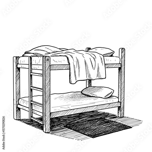 Bunk bed with blanket and pillows on top, rug underneath, cozy children's bedroom. Space-saving furniture, comfortable sleep, interior design, home decor, family living