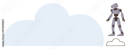 Robot placed beside a large abstract cloud, representing AI, robotics, automation, and cloud computing. Ideal for technology, innovation, connectivity, data storage futurism artificial