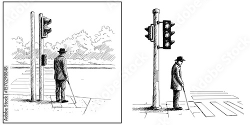 Blind pedestrian waiting at crosswalk with cane by traffic light  