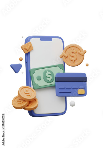 3D Payment with Mobile Phone Card and Coins Transaction Illustration