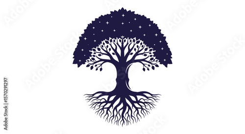 Celestial Tree with Roots and Starry Canopy