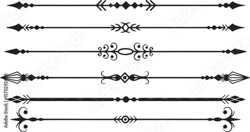 Simple black horizontal line dividers with various decorative vintage and modern elements.