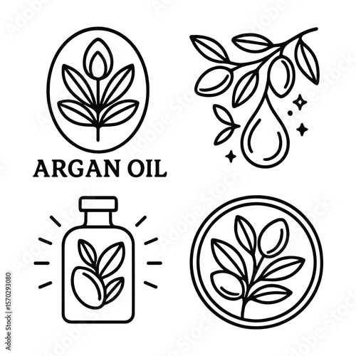 Argan Oil Black Line Icons Set, Natural Cosmetic, Minimalist Style, Organic Product, Cosmetic Oil, Skin Care, Isolated Symbols, Vector Illustration.