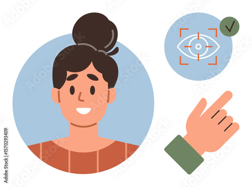 Smiling woman in profile circle with a hand pointing at an eye scan confirmation. Ideal for security, identity, login, privacy, technology, biometrics, authentication. Simple flat metaphor