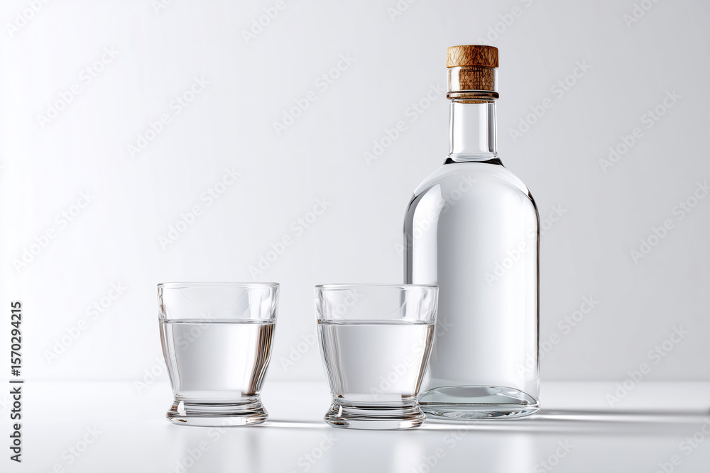 Obraz premium Clear glass bottle with a wooden cap and two glasses filled with transparent liquid