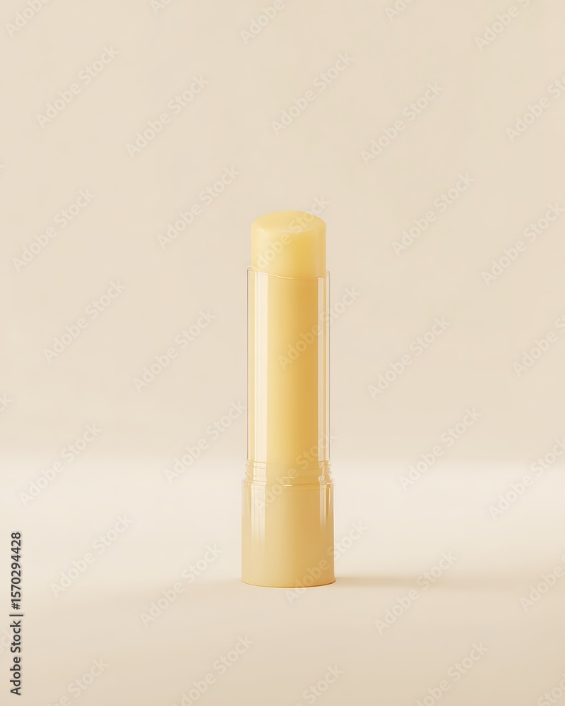 A light-beige lip balm in a clear container. A light-beige lip balm in a clear container.