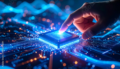 Human hand reaching toward a glowing qubit, surrounded by neon digital waveforms.